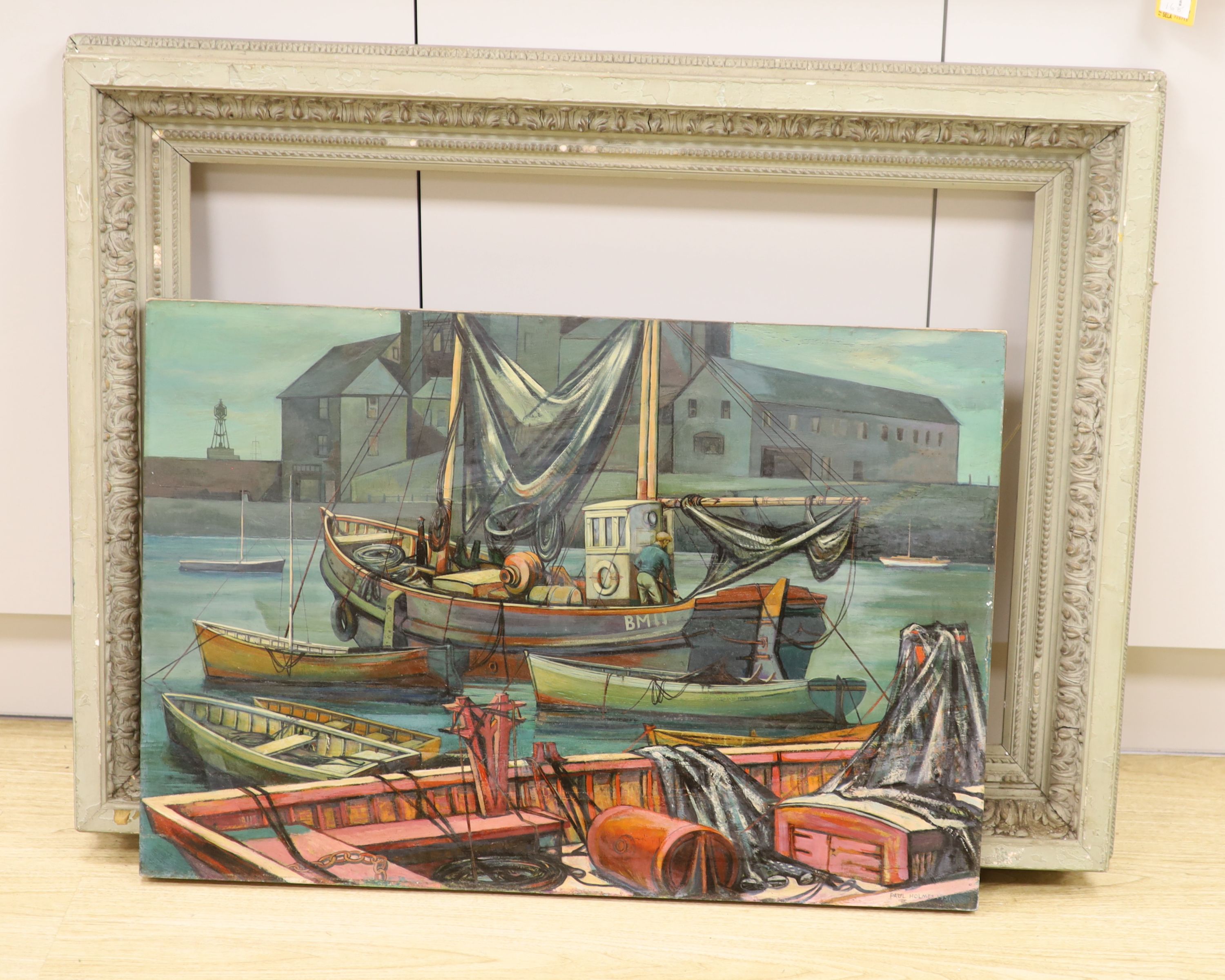 Paul Holmes, oil on board, Fishing boats in harbour, signed and dated 1951, 56 x 81cm